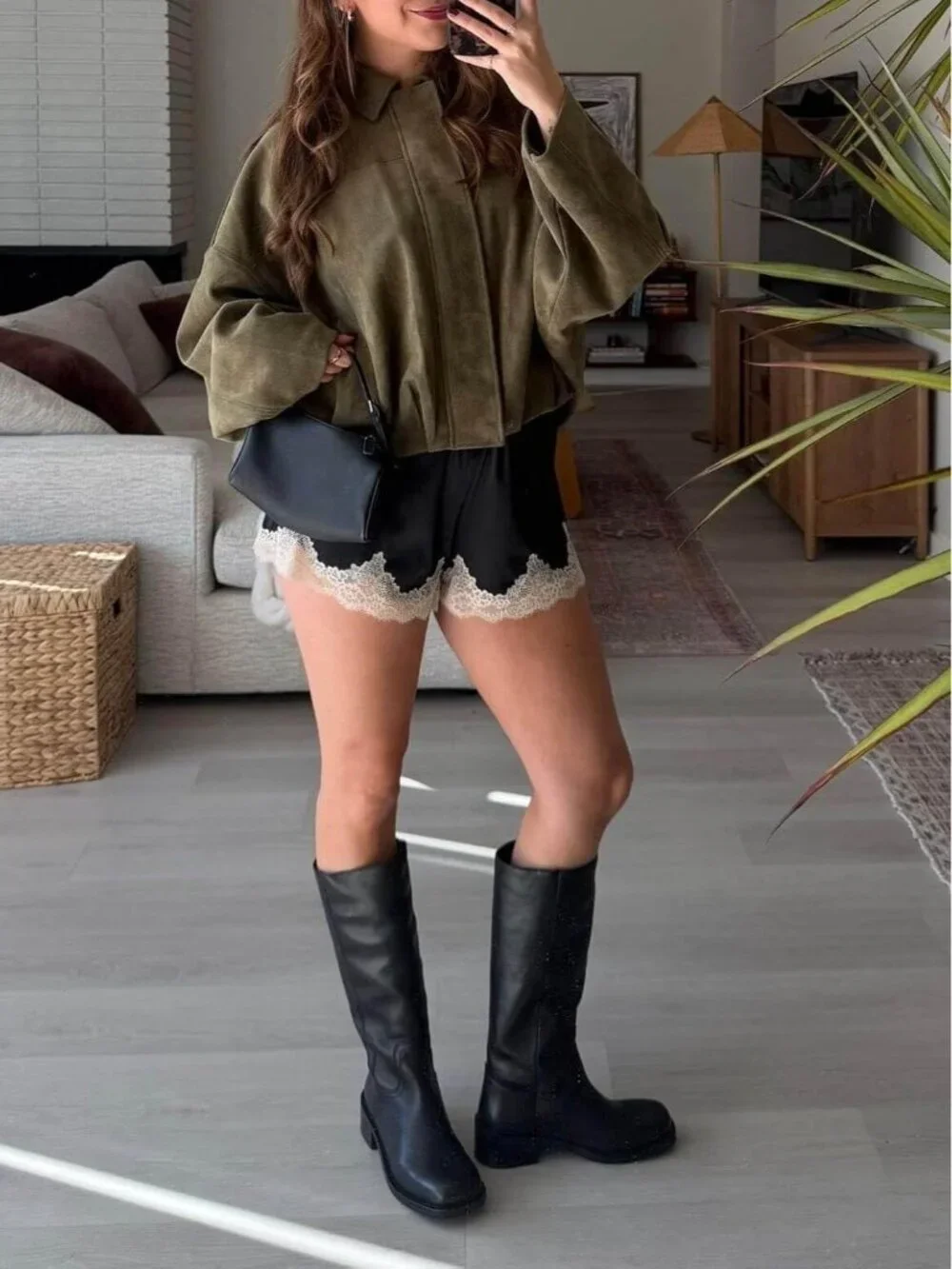Women's Black Square Toe Chunky Low Block Heel Comfortable Knee High Boots